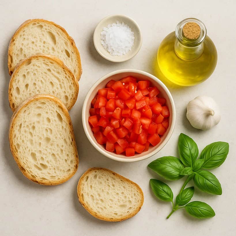Ingredienti delle bruschette al pomodoro: pane rustico, pomodori, basilico, olio, aglio e sale