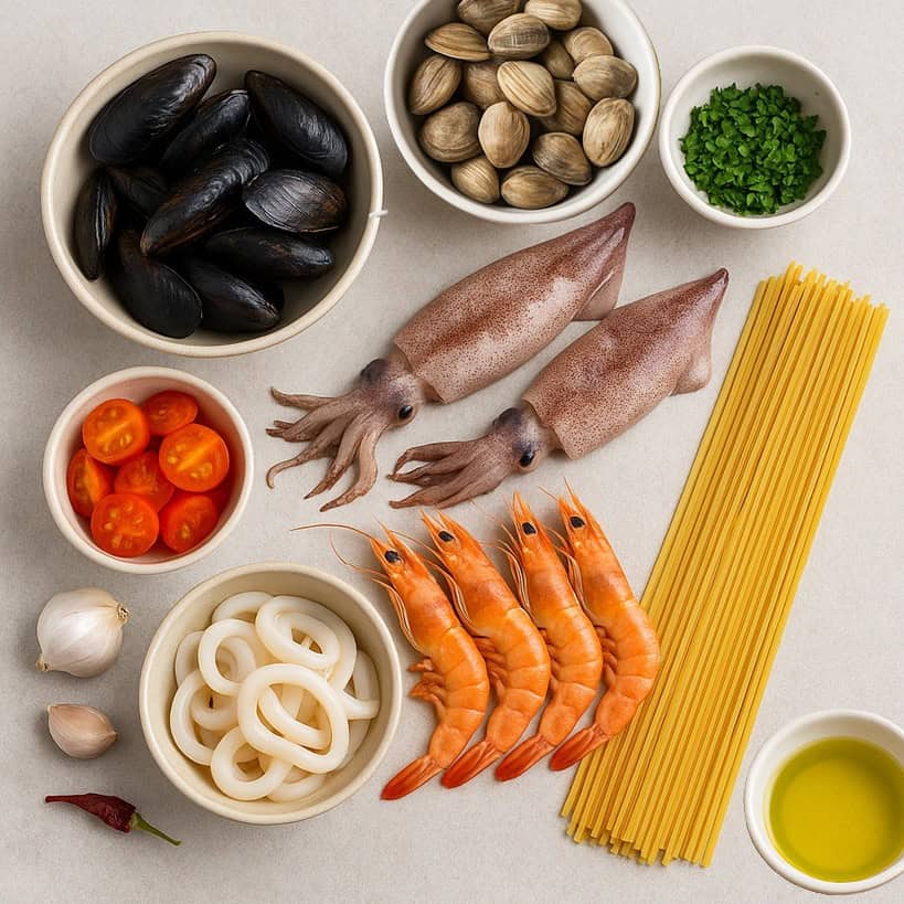 Ingredienti disposti per spaghetti allo scoglio: cozze, calamari, gamberi, pomodorini, aglio, prezzemolo, olio e spaghetti
