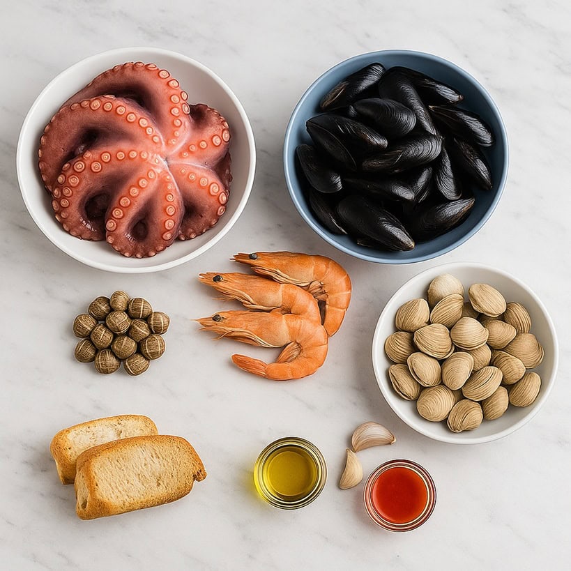 Polpo, cozze, vongole, gamberi, maruzzielli, friselle, aglio, olio e ‘o russ su fondo chiaro