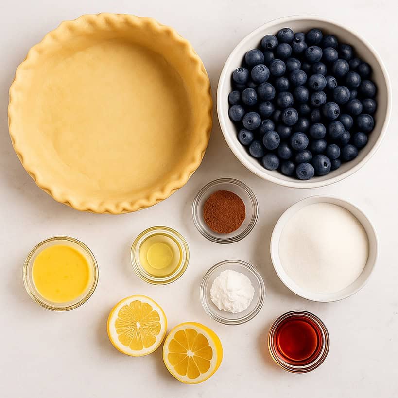 Ingredienti disposti su sfondo marmo per preparare la torta ai mirtilli