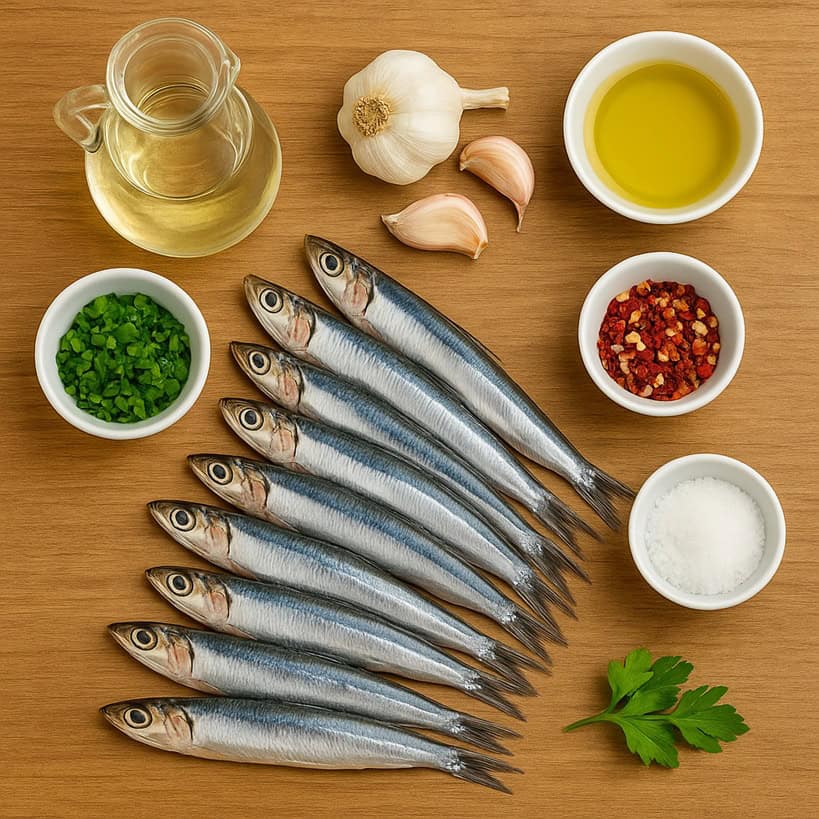 Alici intere fresche con aceto di vino bianco, aglio, olio, peperoncino, prezzemolo e sale