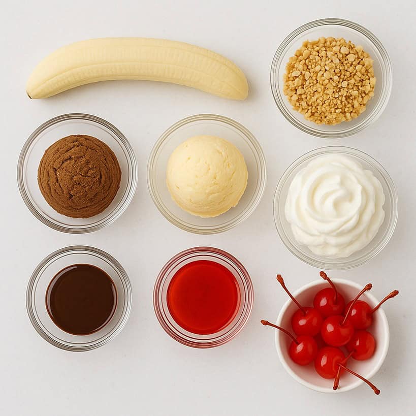 Ingredienti del banana split: banana, gelato, panna, topping, ciliegie e granella di nocciole