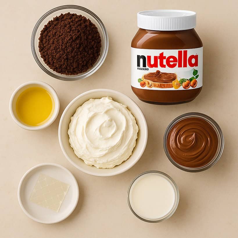 Ingredienti principali per cheesecake alla Nutella, inclusi barattolo di Nutella, biscotti sbriciolati, burro, formaggio cremoso, panna, gelatina