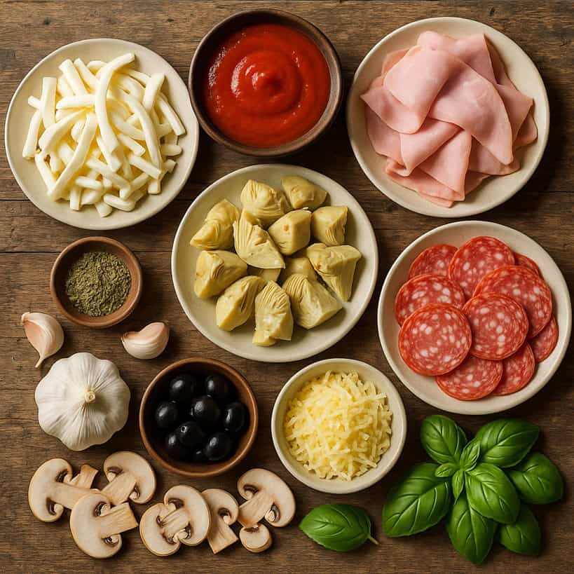 Ingredienti per pizza disposti su tavolo rustico, inclusi fior di latte a listarelle, pomodoro passato, prosciutto cotto, carciofi, salame, funghi, olive, aglio, origano, formaggio grattugiato e basilico 