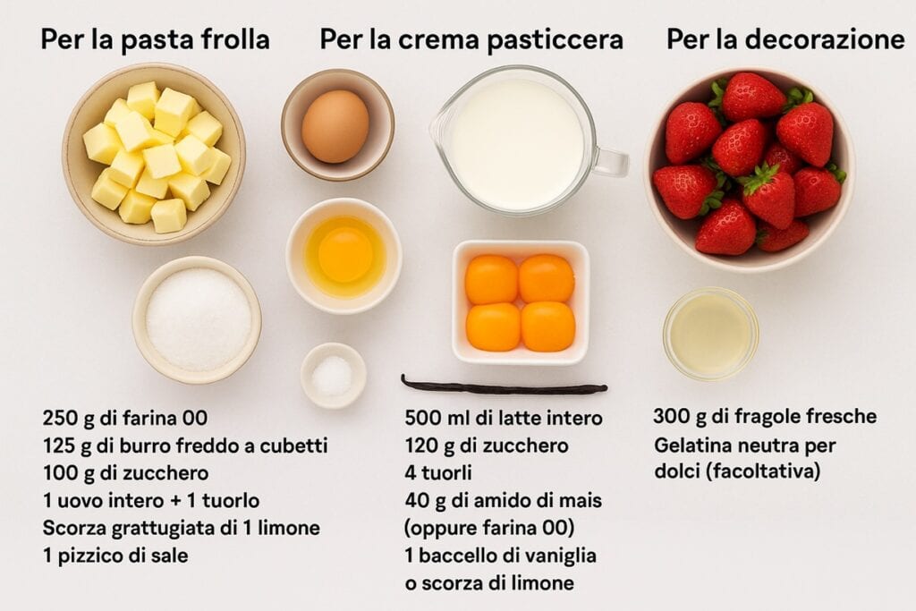 Ingredienti disposti ordinatamente per preparare una crostata alle fragole con pasta frolla, crema pasticcera e fragole fresche
