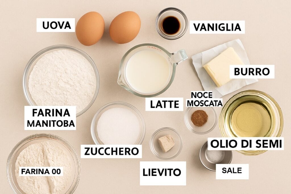 Ingredienti disposti su sfondo beige per preparare l’impasto dei Donuts fatti in casa