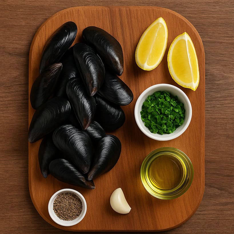 Cozze fresche, limone, prezzemolo, olio extravergine, pepe nero e aglio disposti su tagliere in legno