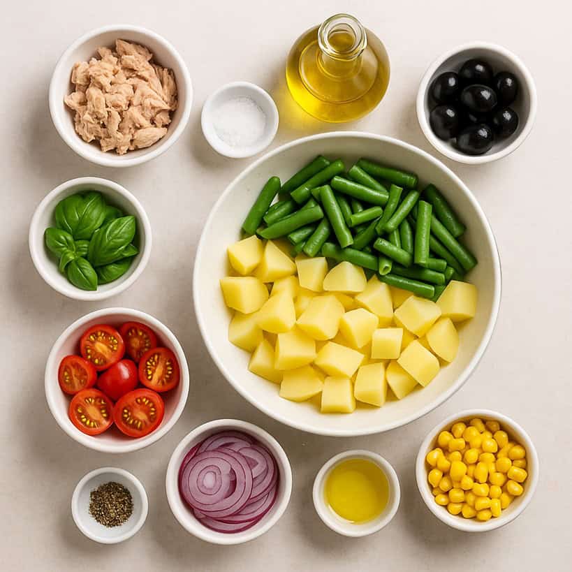 Ingredienti separati per insalata di patate estiva: patate, fagiolini, pomodorini, cipolla rossa, tonno, mais, olive nere, basilico, olio, aceto, sale e pepe