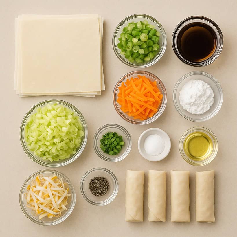 Ingredienti per involtini primavera con verdure e condimenti