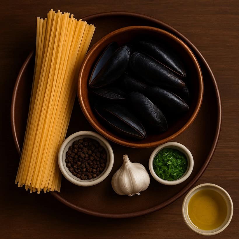 Spaghetti crudi con cozze fresche, olio, aglio, pepe, prezzemolo e altri ingredienti su fondo rustico