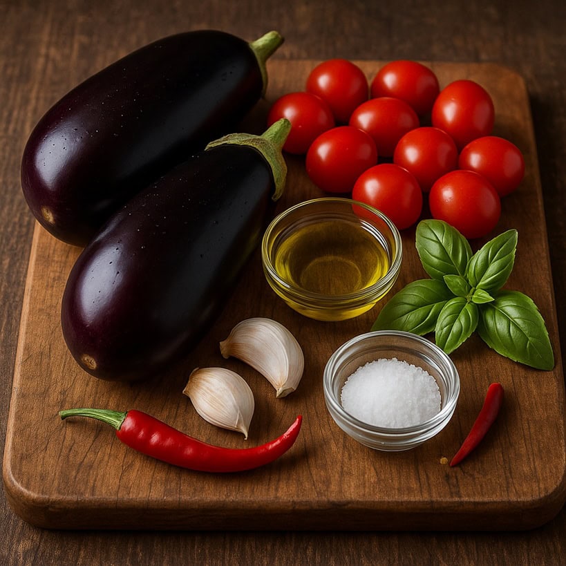 Ingredienti freschi per melanzane a funghetto su tagliere in legno