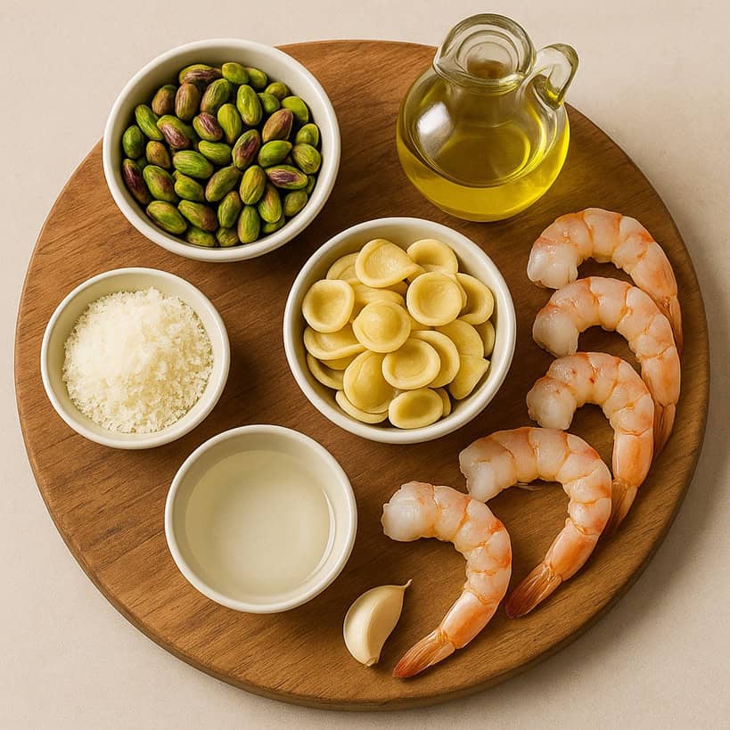 Ingredienti crudi per pasta al pesto di pistacchi e gamberi disposti su tagliere rustico