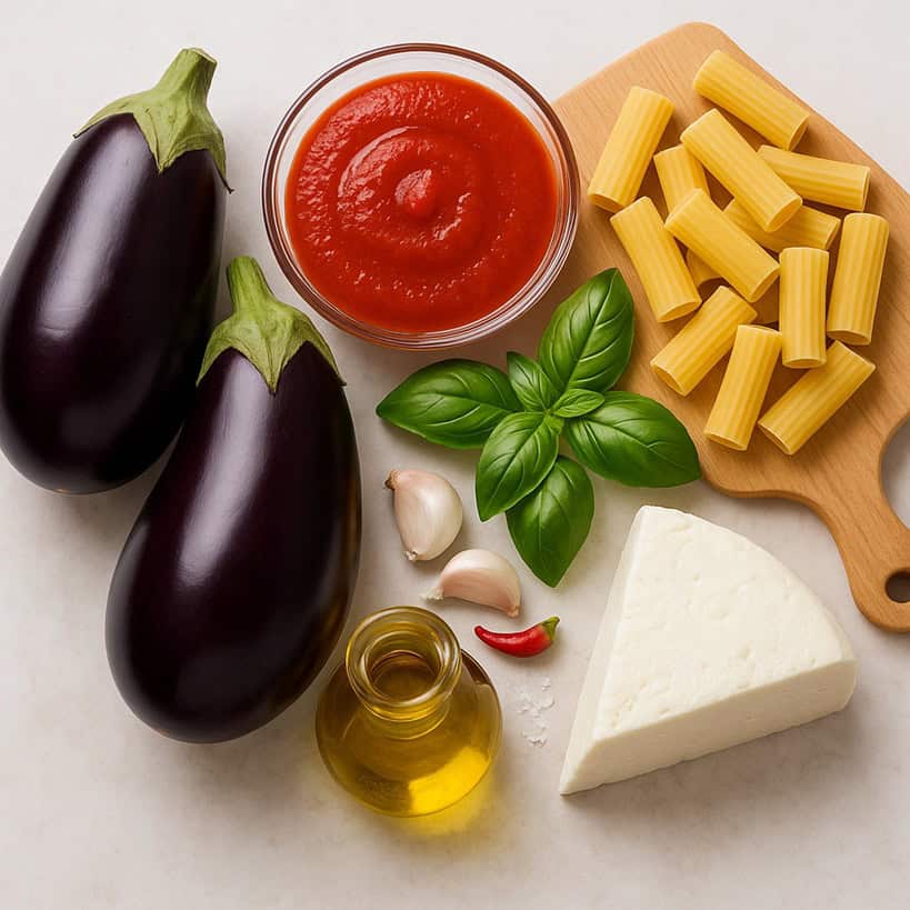 Ingredienti disposti su piano chiaro per la pasta alla Norma: melanzane, passata di pomodoro, pasta rigata, ricotta salata, basilico, aglio, olio, peperoncino e sale