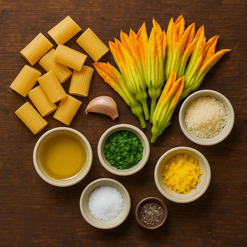Ingredienti per pasta con fiori di zucca su fondo rustico