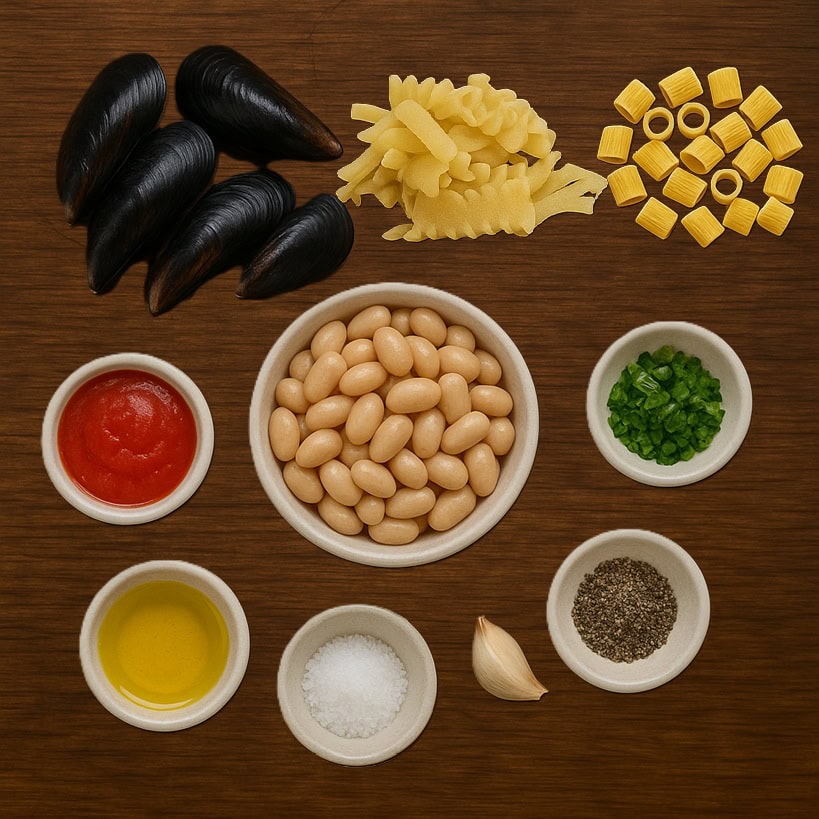 Ingredienti disposti su fondo rustico: cozze, pasta mista e tubetti, fagioli cannellini, passata di pomodoro, olio, sale, pepe e aglio