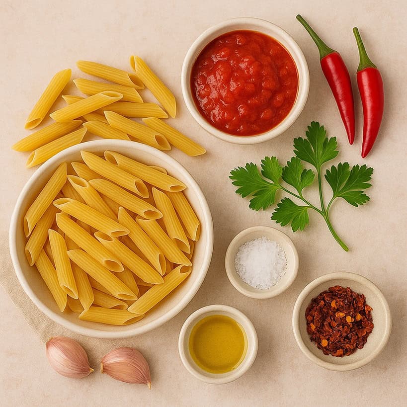 Ingredienti disposti per penne all’arrabbiata: penne crude, pomodoro, aglio, peperoncino, prezzemolo, olio, sale e fiocchi di peperoncino