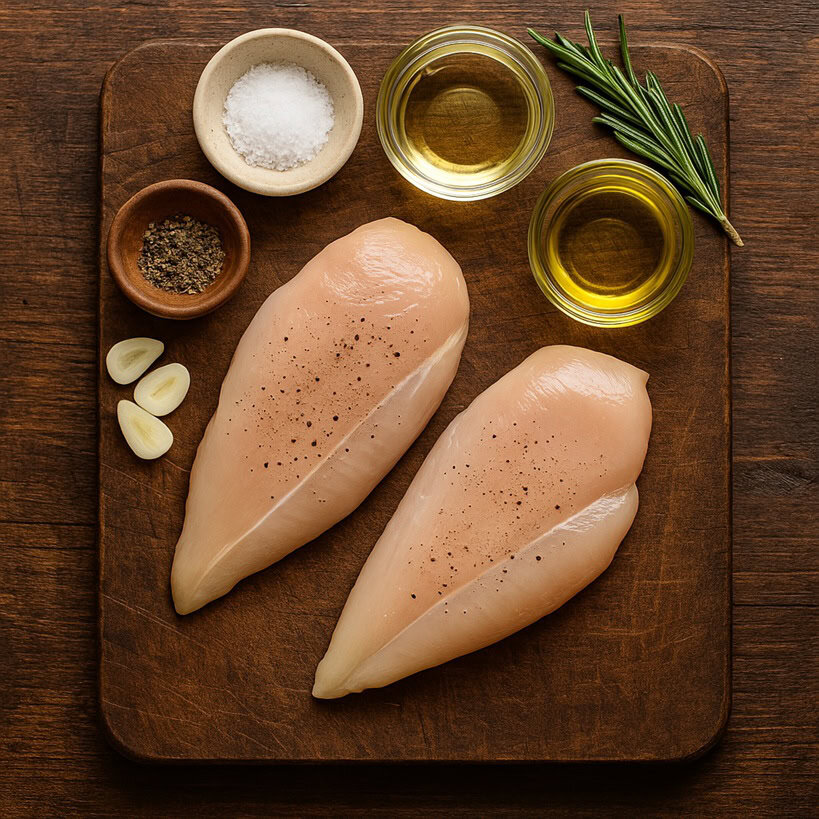 Due fettine di petto di pollo crude con gli ingredienti per la cottura in padella