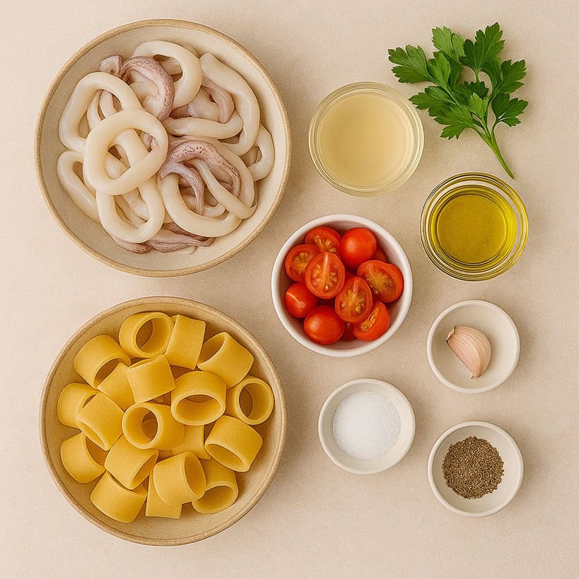 Ingredienti crudi per la calamarata disposti su fondo chiaro: calamari, pasta, pomodorini, aglio, olio, vino e prezzemolo