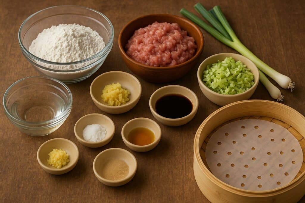 Ingredienti per ravioli cinesi: carne, farina, verza, zenzero, salsa e cipollotti