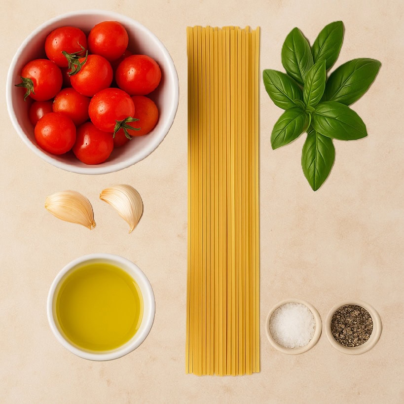 Spaghetti crudi, pomodorini, aglio, basilico, olio extravergine, sale e pepe in ciotoline