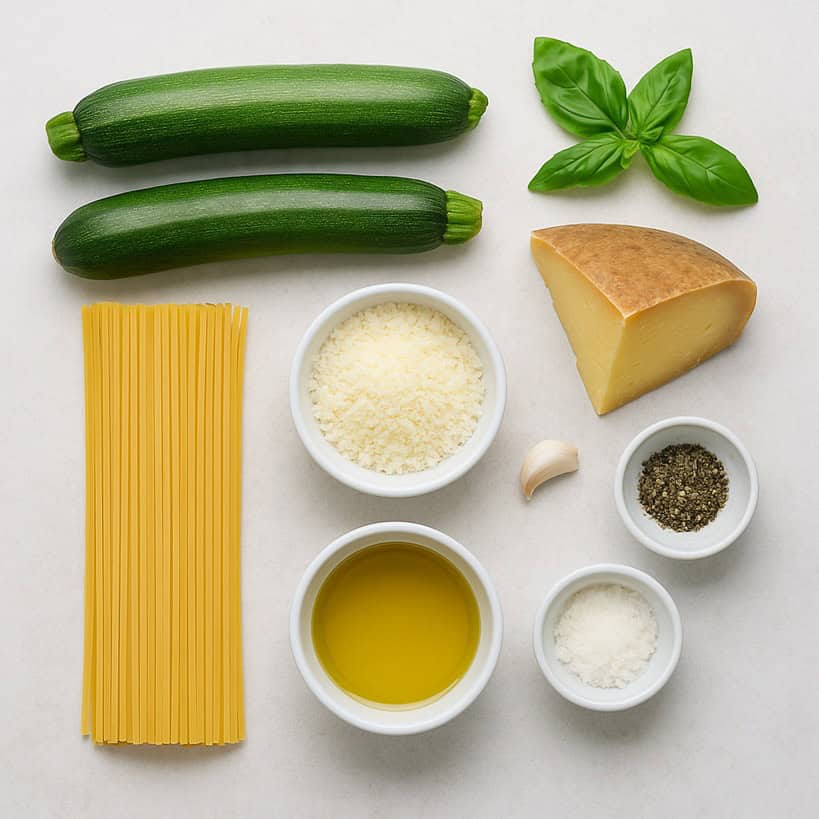 Ingredienti crudi per spaghetti alla Nerano: zucchine, spaghetti, provolone, basilico, aglio, olio, sale e pepe
