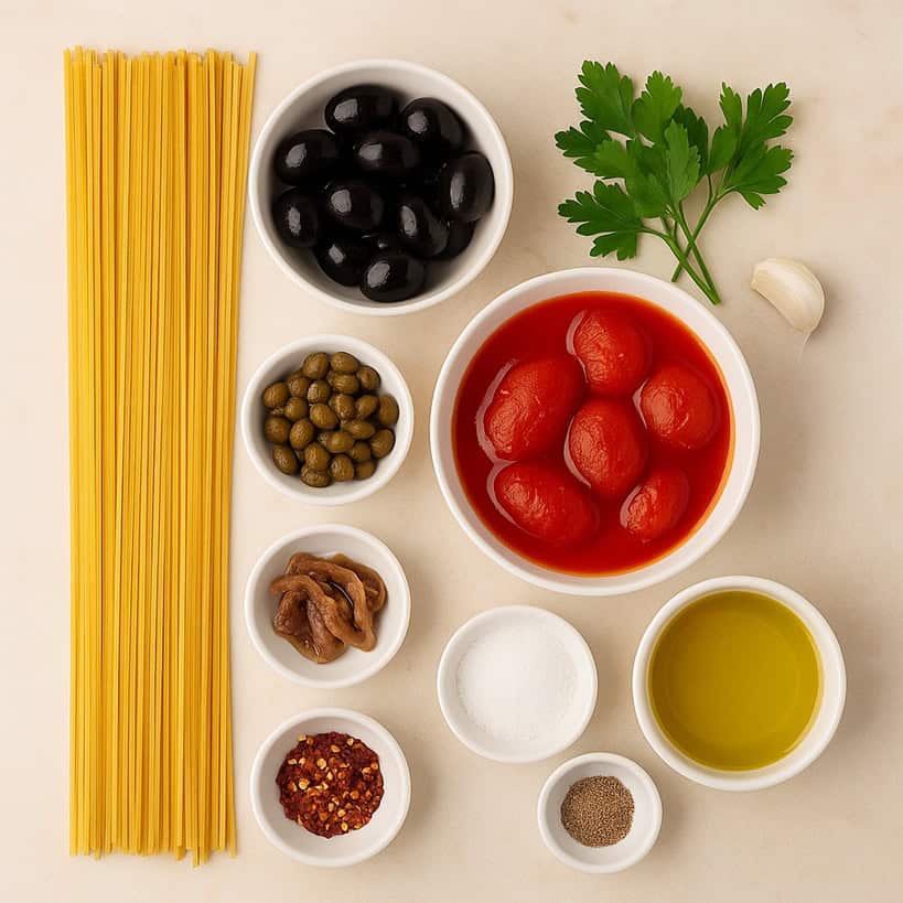 Spaghetti crudi con olive nere, capperi, pomodori, acciughe, aglio, prezzemolo, olio, sale e peperoncino