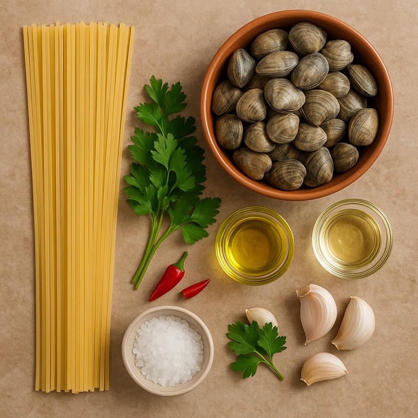 Ingredienti crudi per spaghetti alle vongole su fondo rustico