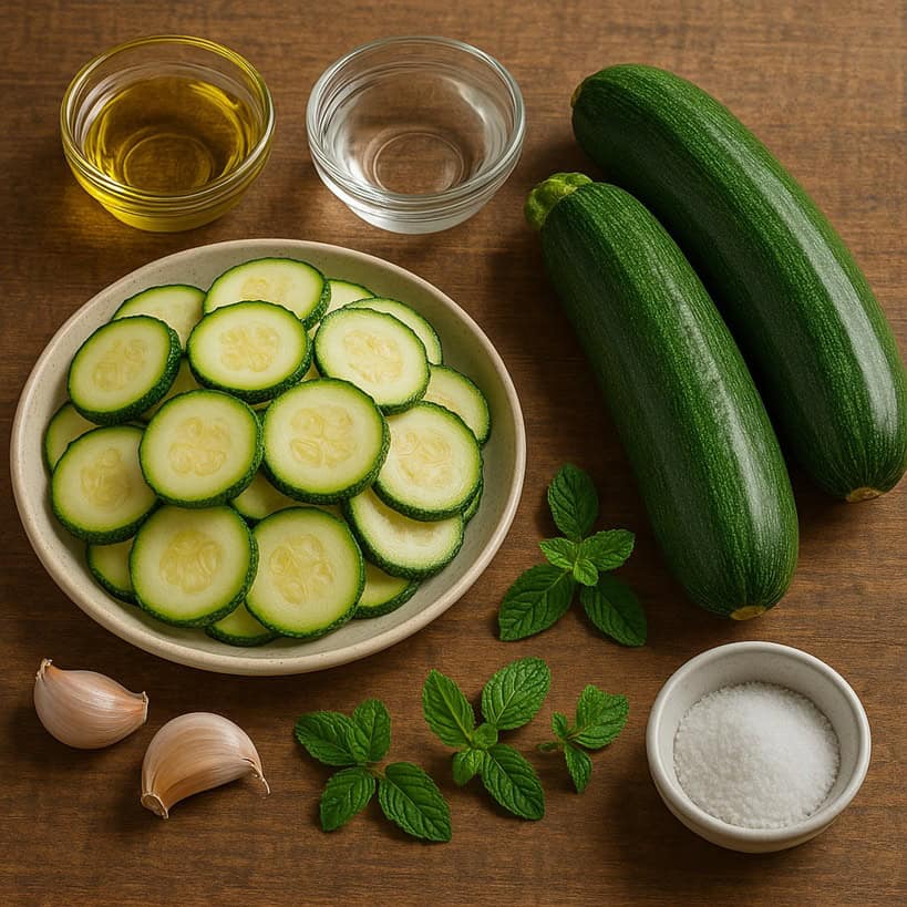 Ingredienti freschi per zucchine alla scapece su tavolo rustico