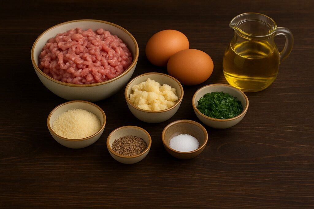 Carne macinata, uova, mollica, formaggio, prezzemolo, olio e sale, tutto quello che serve per fare delle polpette perfette
