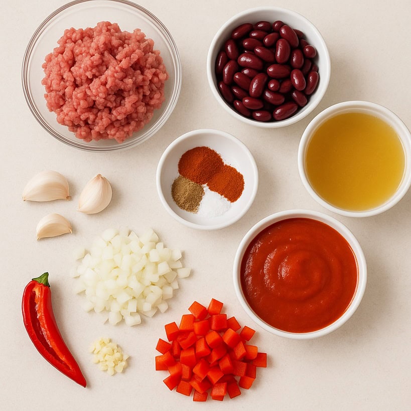 Ingredienti per chili con carne disposti su fondo chiaro