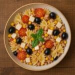 Insalata di pasta con farfalle, tonno, pomodorini, mais, mozzarella, olive nere e basilico su piatto rustico
