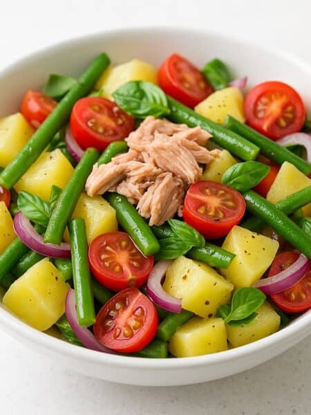 Insalata di patate estiva con fagiolini, pomodorini, cipolla rossa, tonno e basilico in ciotola bianca