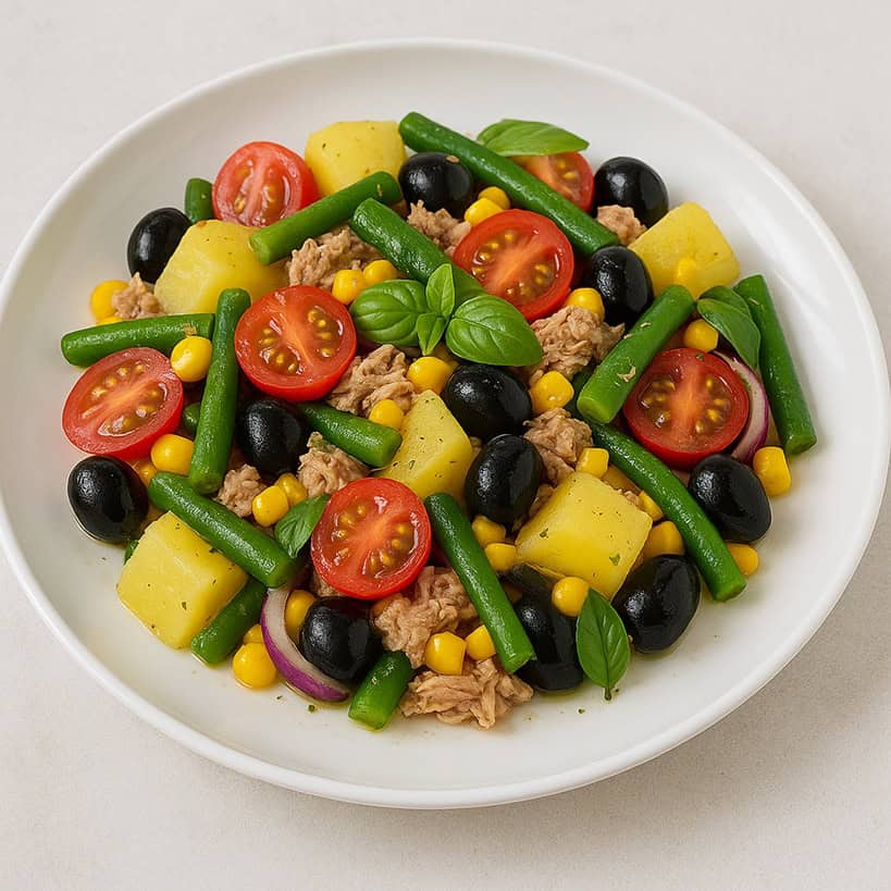 Insalata di patate estiva impiattata su piatto bianco con pomodorini, fagiolini, tonno, mais, olive e basilico fresco