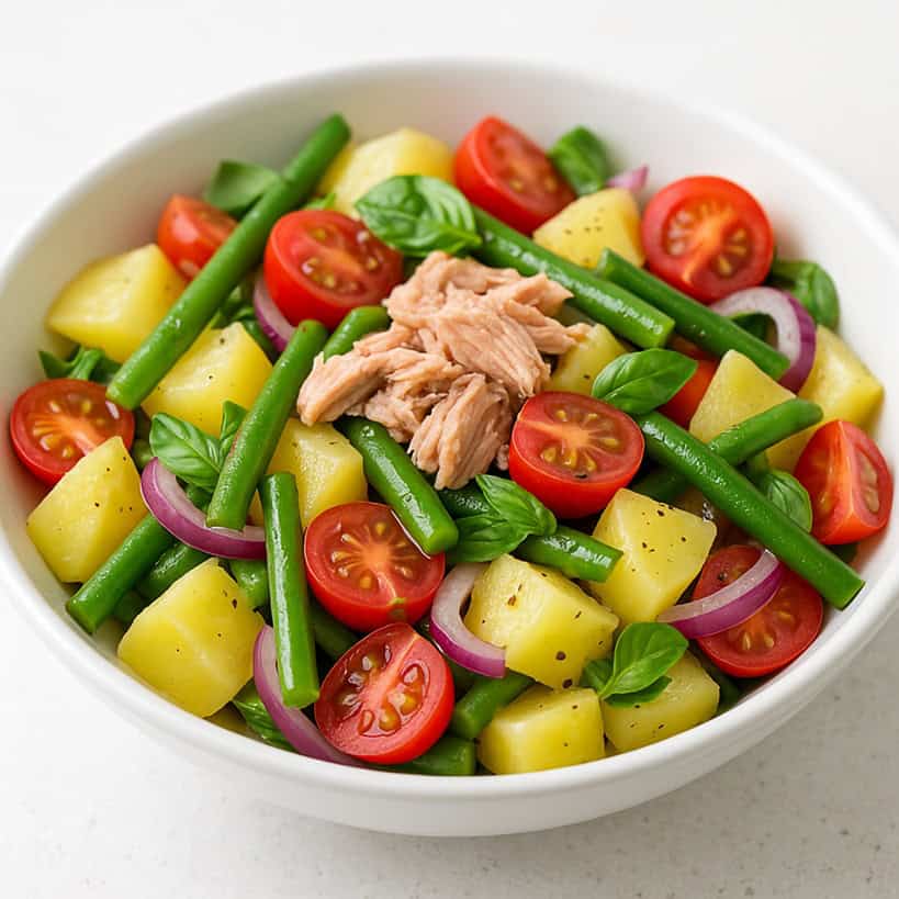Insalata di patate estiva con fagiolini, pomodorini, cipolla rossa, tonno e basilico in ciotola bianca