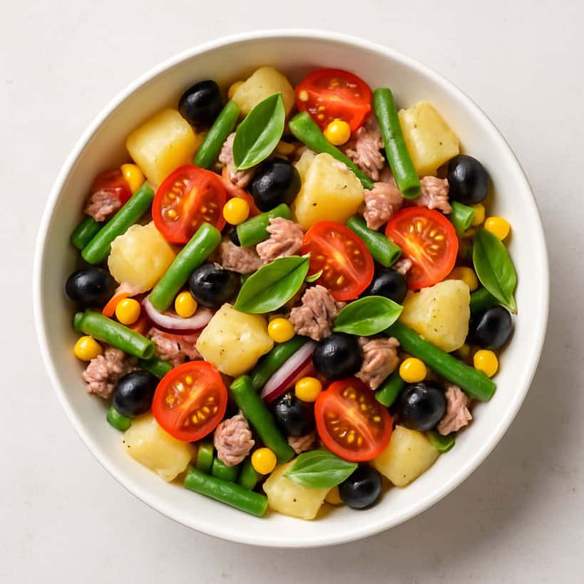 Piatto completo con insalata di patate estiva: patate, fagiolini, pomodorini, cipolla rossa, tonno, basilico, olive nere e mais