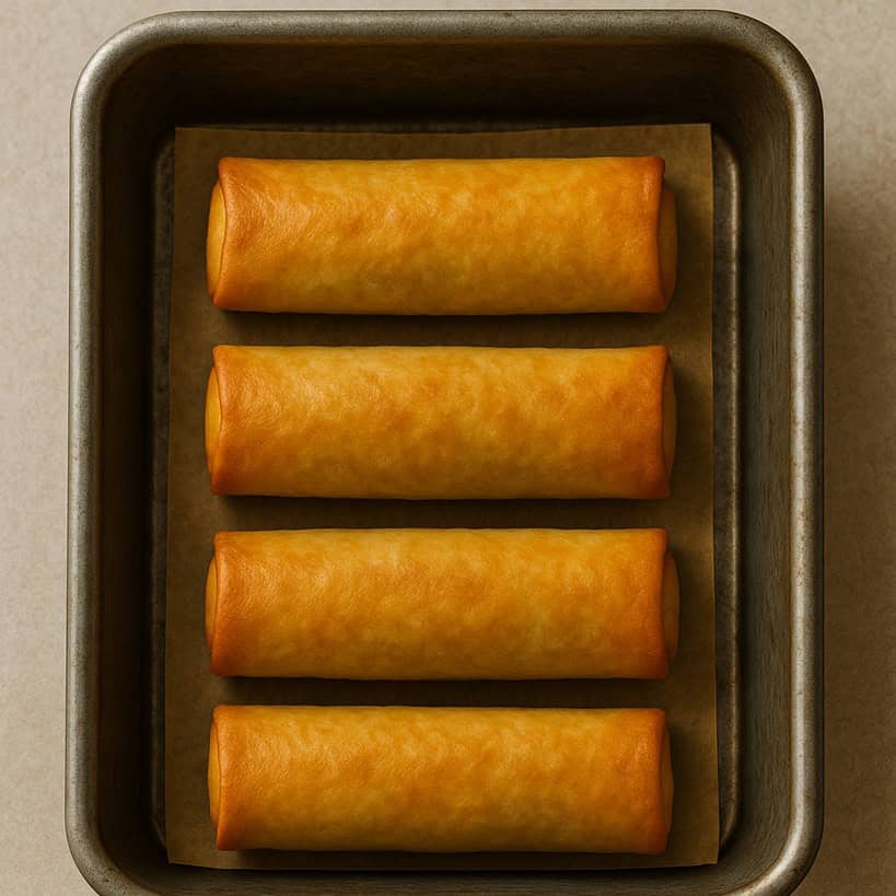 Involtini primavera cotti al forno disposti in teglia con carta forno