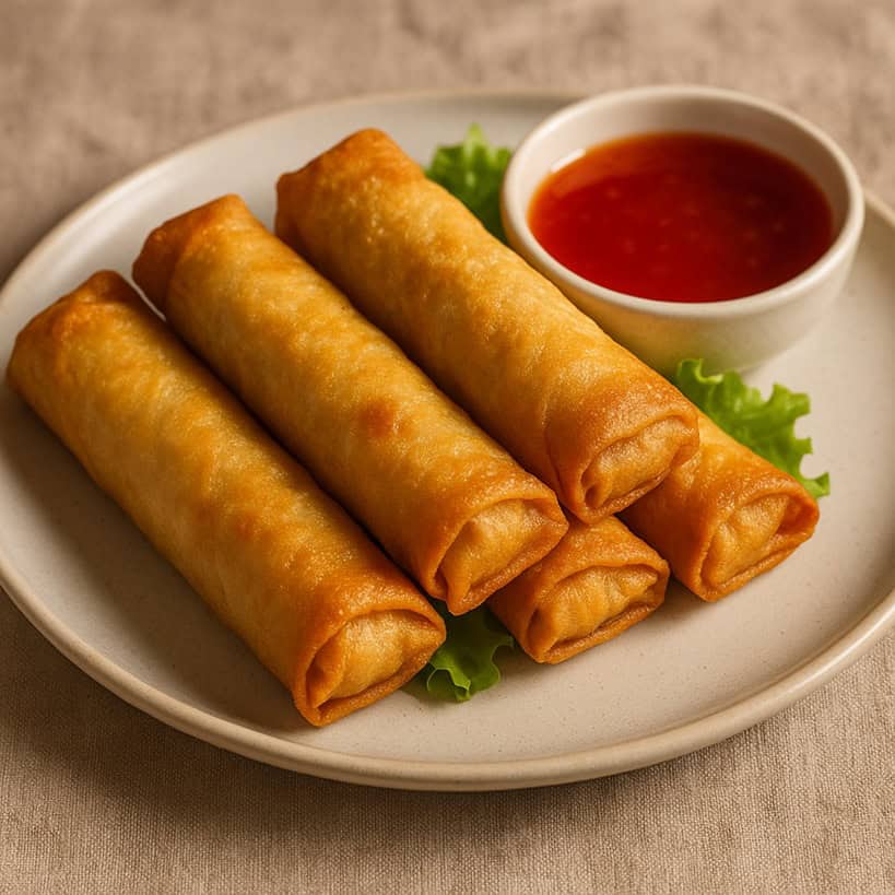 Involtini primavera fritti su piatto con salsa agrodolce