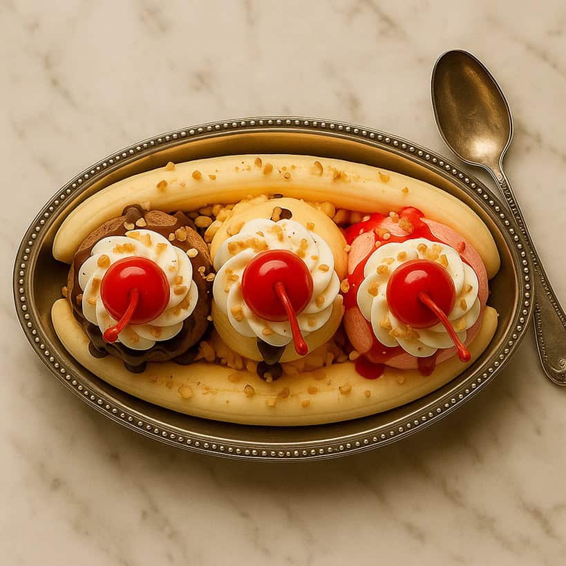 Banana split classico con tre gusti di gelato, panna, ciliegie e granella di nocciole