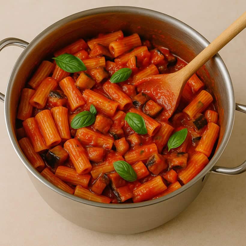 Pasta alla Norma mantecata con sugo e melanzane in tegame d’acciaio con basilico fresco