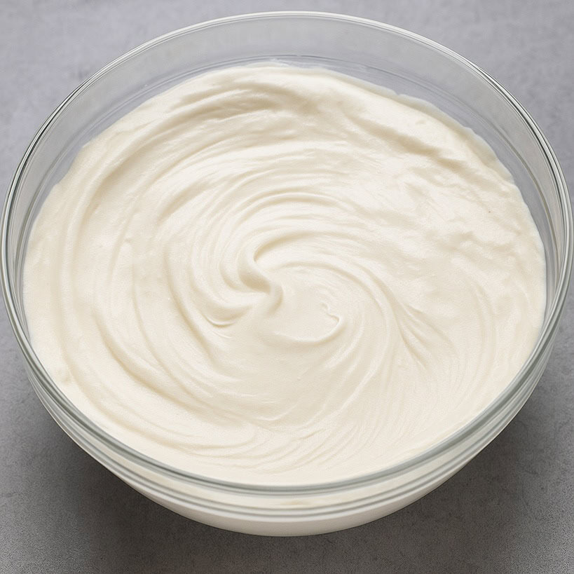 Ciotola bianca con mascarpone montato cremoso per tiramisù