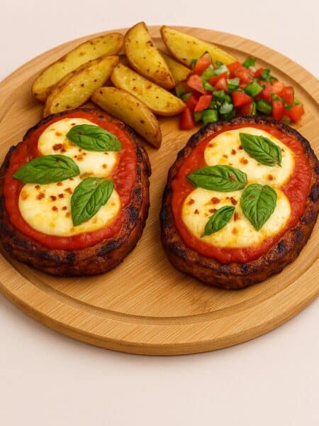 Due porzioni di matambre a la pizza con mozzarella fusa, patate al forno e insalata su tagliere