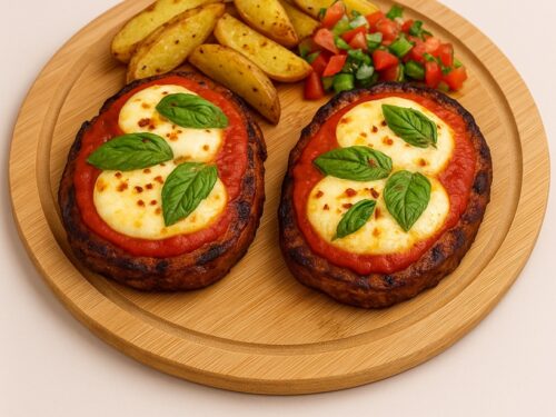 Due porzioni di matambre a la pizza con mozzarella fusa, patate al forno e insalata su tagliere