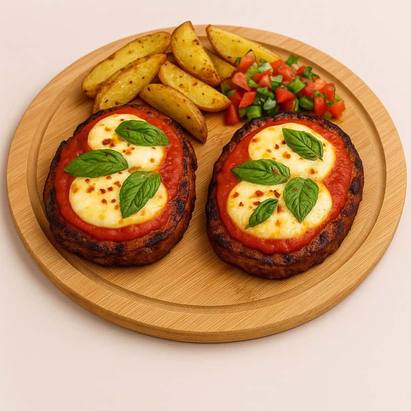 Due porzioni di matambre a la pizza con mozzarella fusa, patate al forno e insalata su tagliere