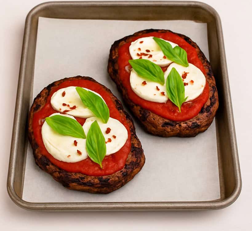 Due fette di matambre su teglia con salsa di pomodoro, mozzarella, basilico e peperoncino
