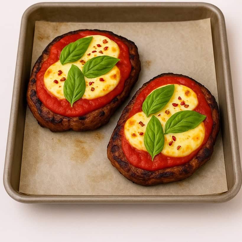 Due fette di matambre gratinate in teglia con mozzarella sciolta