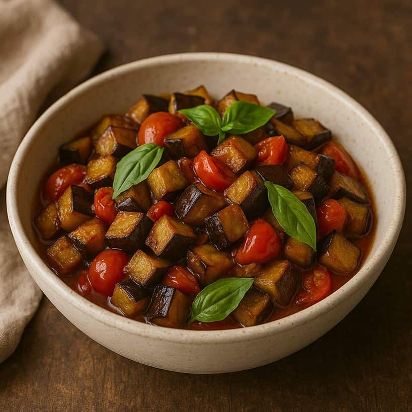 Melanzane a funghetto, pomodorini e basilico