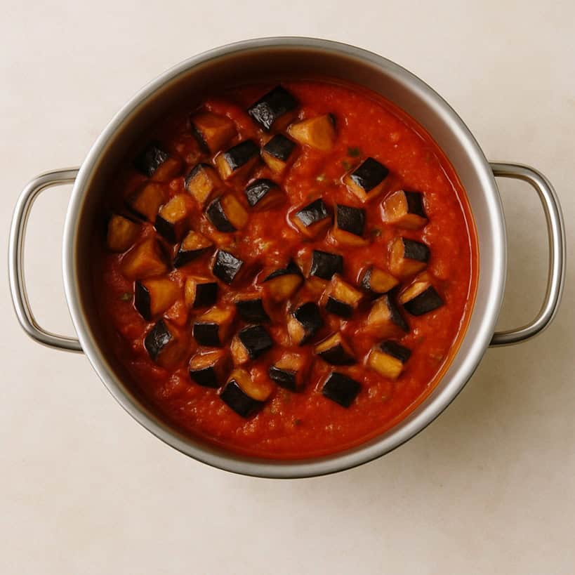 Melanzane fritte immerse nel sugo di pomodoro