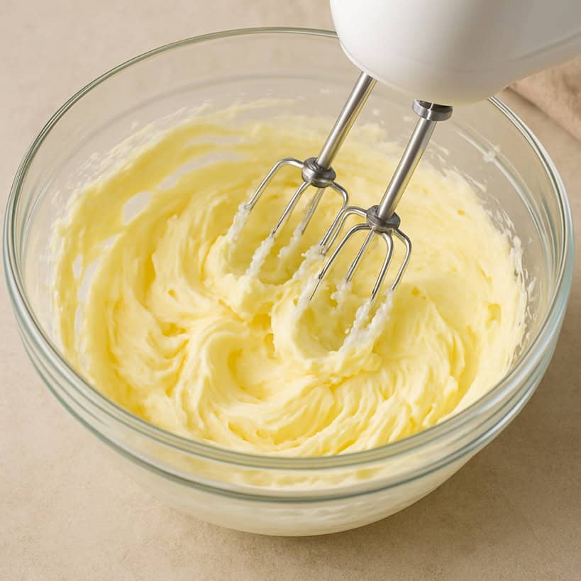 Burro montato in ciotola di vetro con fruste elettriche in azione