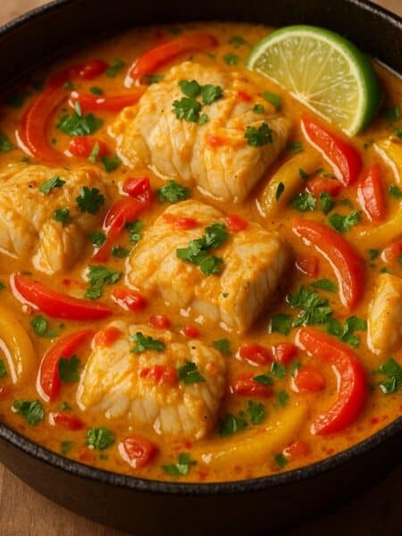 Moqueca de Peixe servita in padella di ghisa con pesce, peperoni e lime