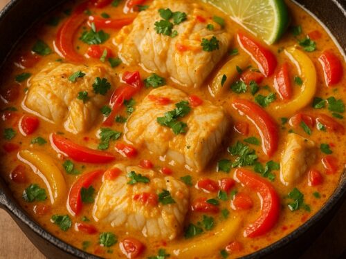 Moqueca de Peixe servita in padella di ghisa con pesce, peperoni e lime